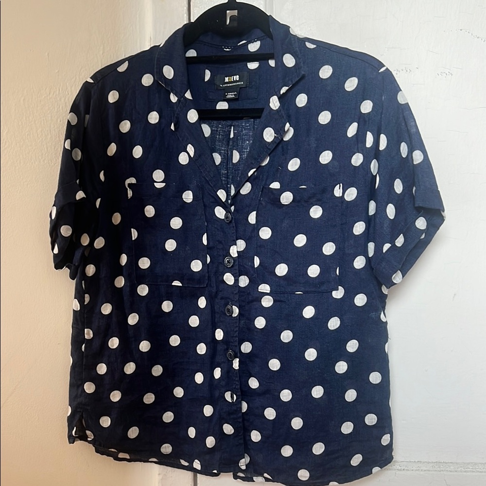 Anthropologie Maeve Navy Polka Dot Blouse